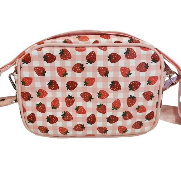 Madden Girl Camera Crossbody Pink White Red Strawberry Print Coin Purse NWT - Picture 2 of 10